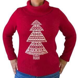 Talbot Velvet Red White Christmas Tree Oversized Turtle Cowl Neck Sweater Size L
